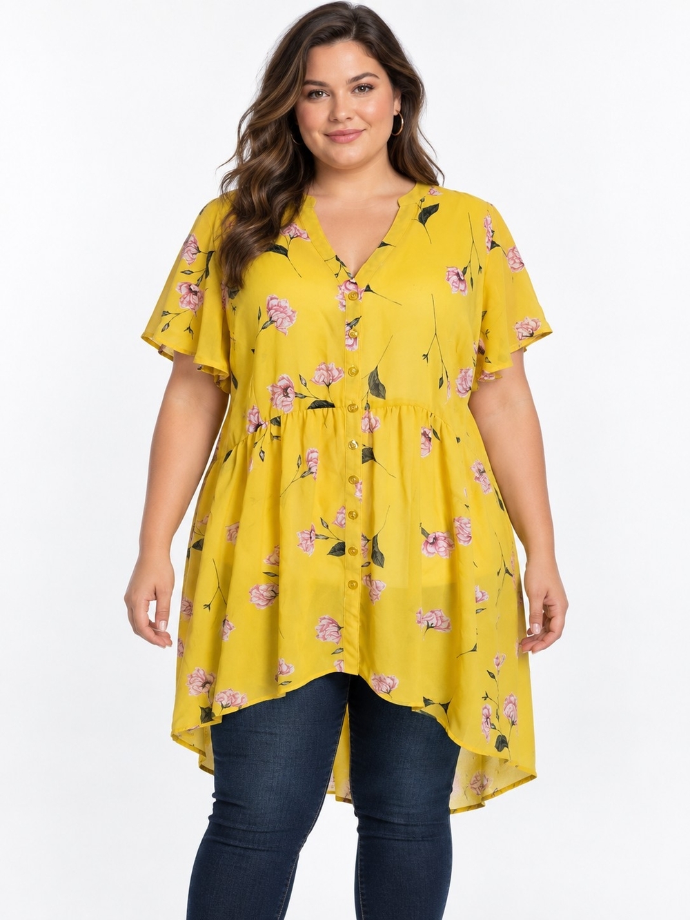 Torrid Yellow Floral Button-Front Top